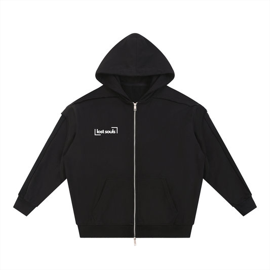 PatchWork Raw Edge Double Layered Zip Hoodie